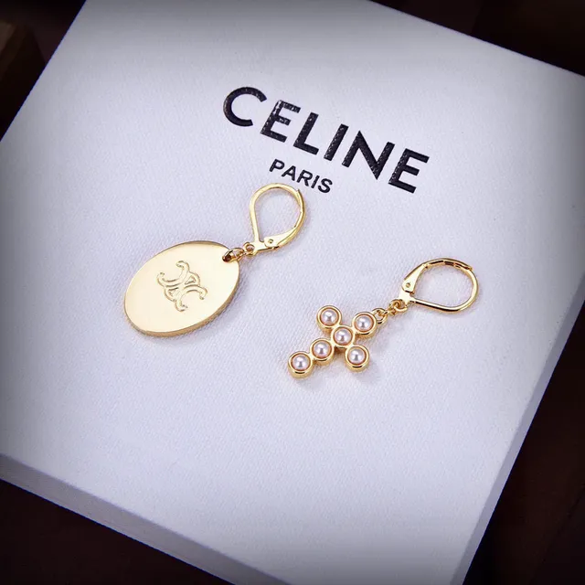 Celine 金色椭圆印花与珍珠十字耳环 2