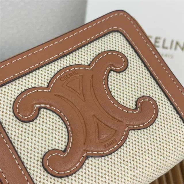 Celine Triomphe Beige Woven Canvas and Tan Leather Short Wallet 6