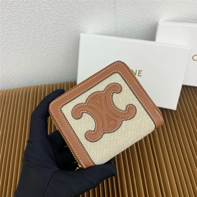 Celine Triomphe Beige Woven Canvas and Tan Leather Short Wallet 9