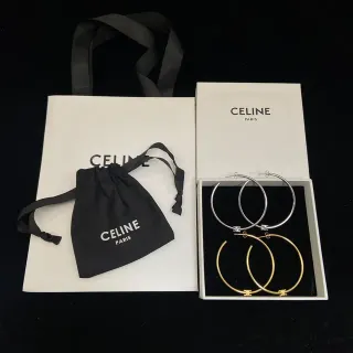Celine Triomphe चांदी-सोना बड़ी पतली हूप्स क्रॉस मोटिफ डिटेल ईयरिंग्स