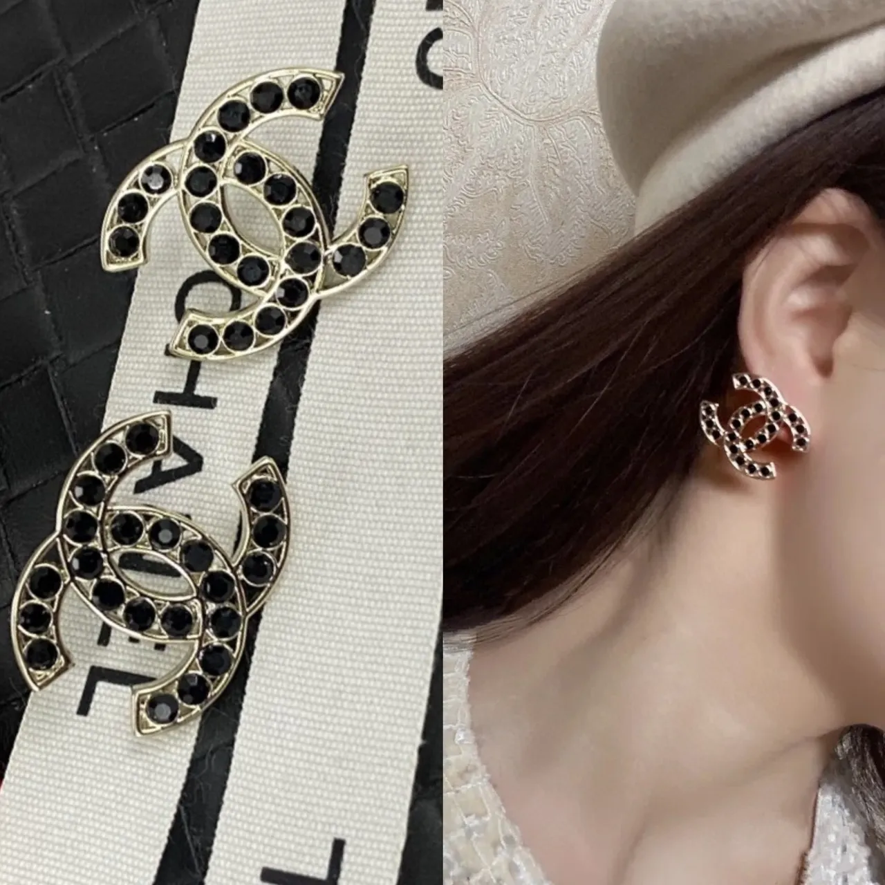 Chanel Bijoux Fantaisie Interlocking CC Boucles d'oreilles Cristal Noir 9