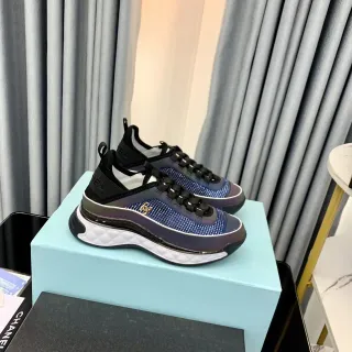 Chanel Blue Black Iridescent Knit Upper Elastic Heel Tab Sneakers