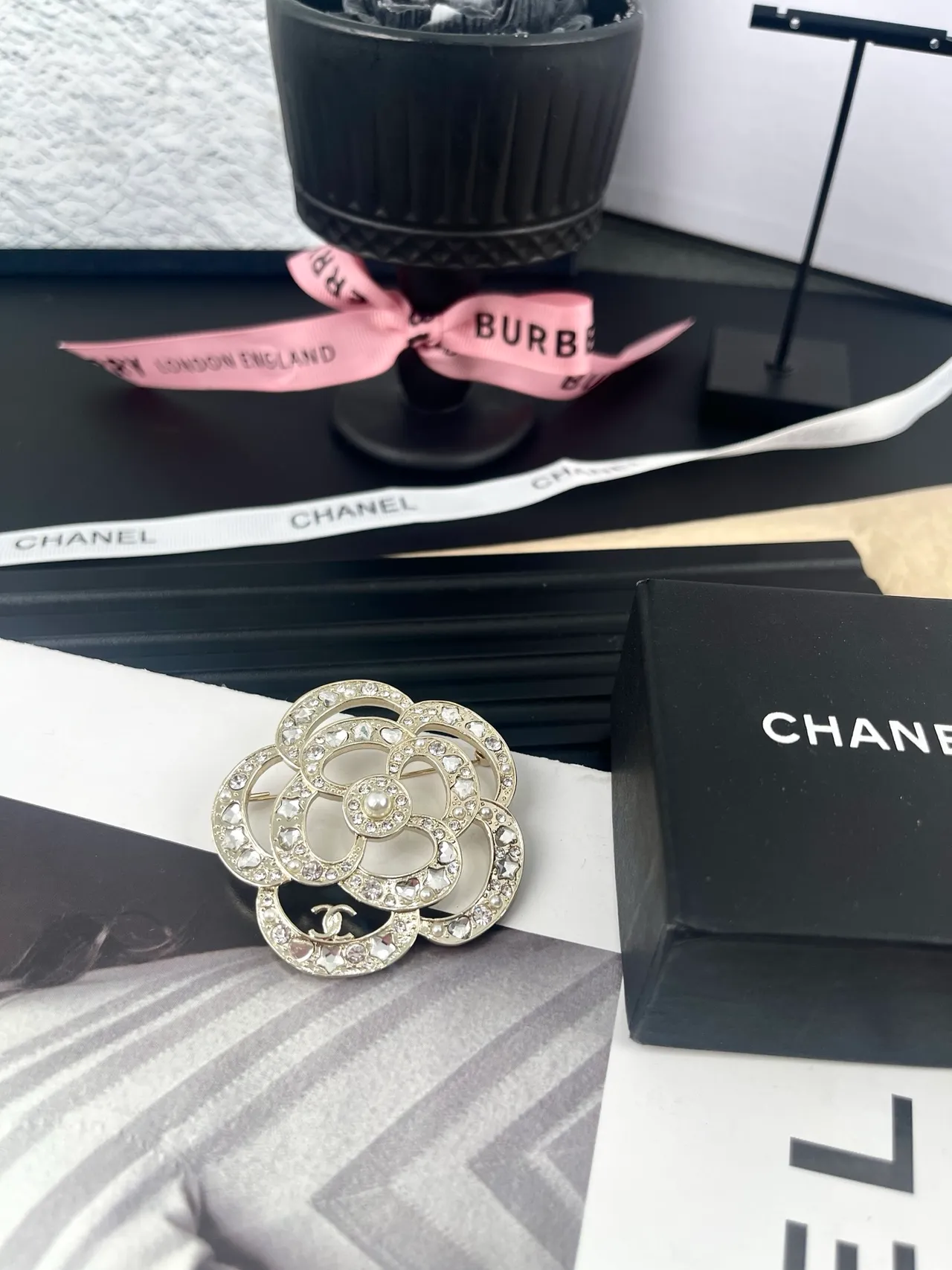 Chanel Camellia Brooch Silver White Multi-Ring Layered Brooch 4