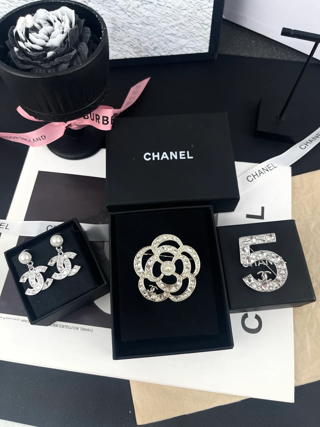 Chanel Camellia Brooch Silver White Multi-Ring Layered Brooch 10