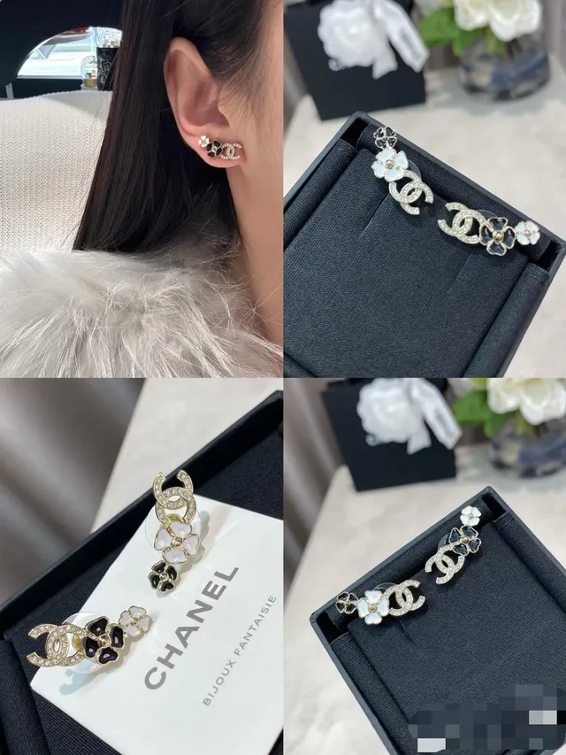 Chanel Camellia CC Gold-Tone Enamel Stud Earrings 11