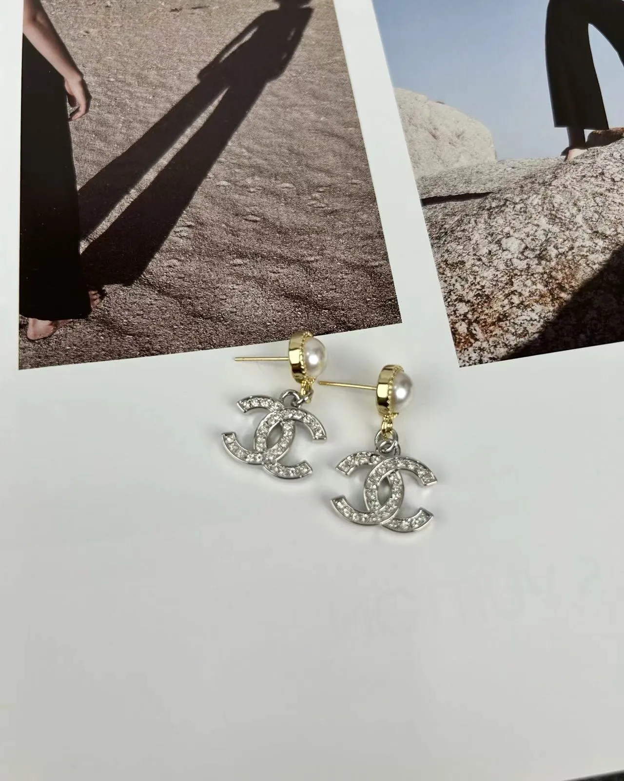 Chanel CC Logo drop argent or perle supérieure cristal encrusté boucles d'oreilles 2