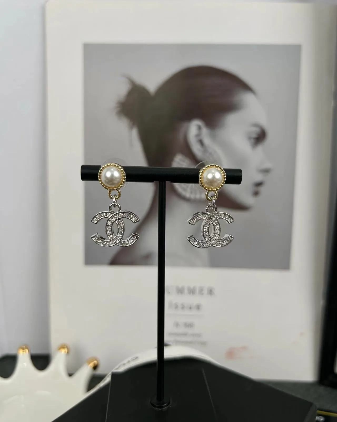 Chanel CC Logo drop argent or perle supérieure cristal encrusté boucles d'oreilles 6
