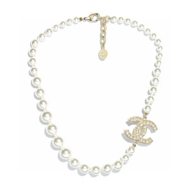 Chanel CC قلادة لؤلؤ سلسلة ذهب أبيض تعليقة شعار 7