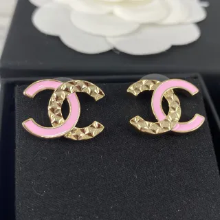 Chanel CC ذهب وردي Interlocking Logo أقراط مينا