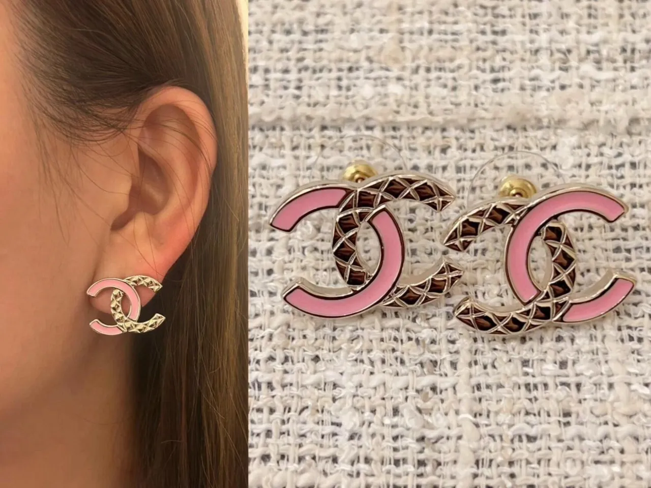 Chanel CC গোলাপি সোনা Interlocking Logo এনামেল ইয়ারিংস 4