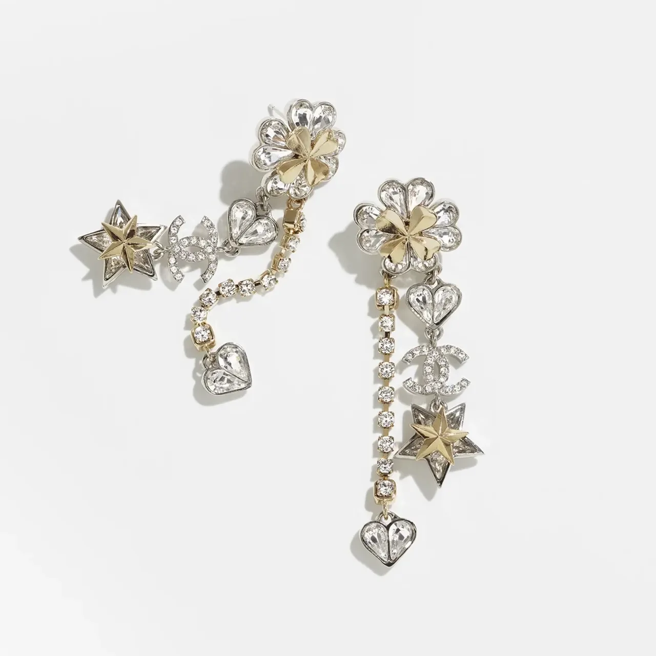 Chanel Crystal Camellia CC Star Heart Dangle Earrings 2