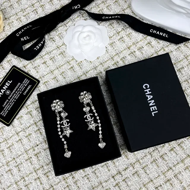 Chanel Crystal Camellia CC Star Heart Dangle Earrings 3