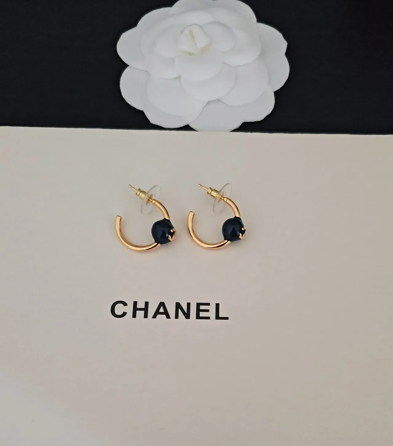 Chanel Gold-Tone C-Hoop Black Enamel Bead Earrings 2