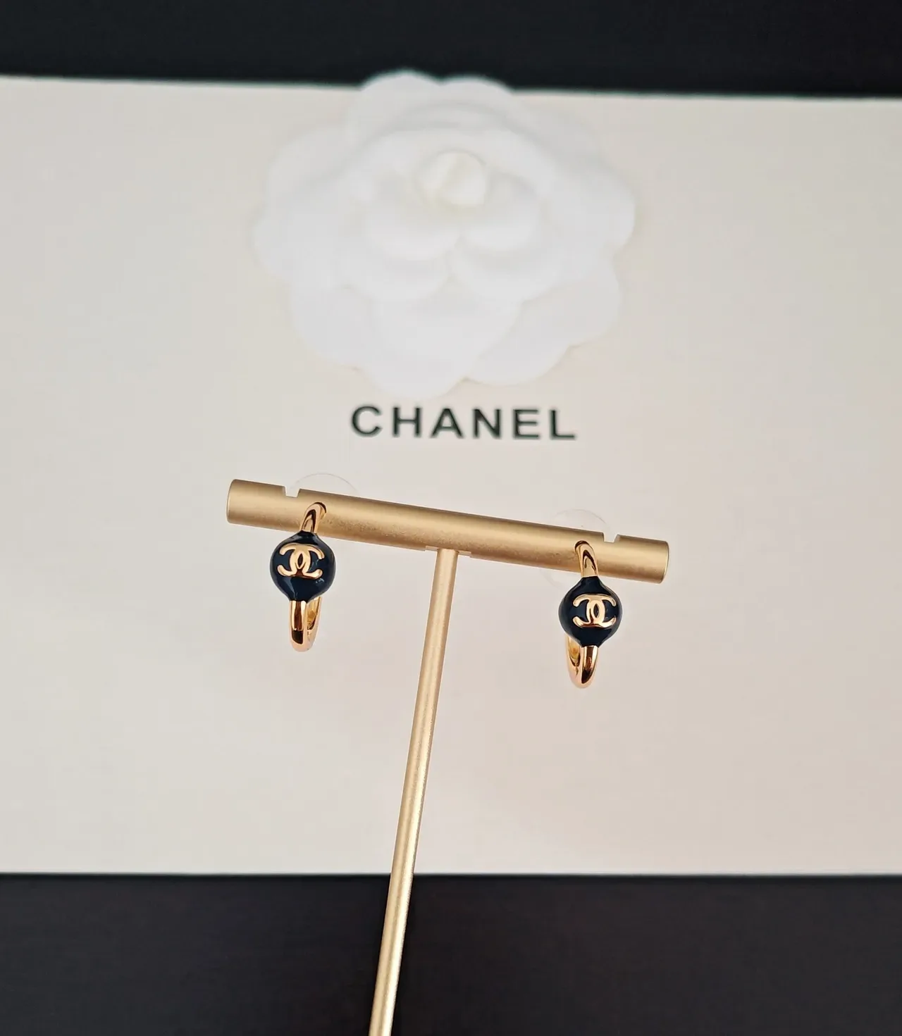 Chanel Gold-Tone C-Hoop Black Enamel Bead Earrings 3