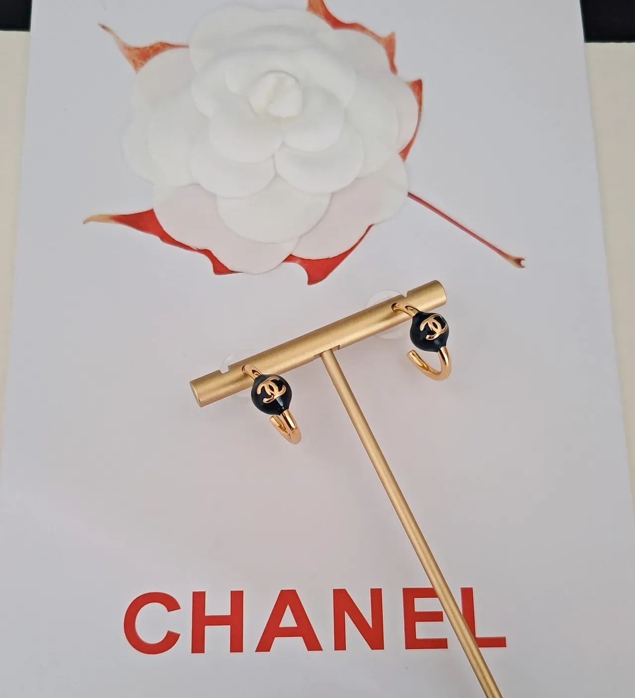 Chanel Gold-Tone C-Hoop Black Enamel Bead Earrings 4
