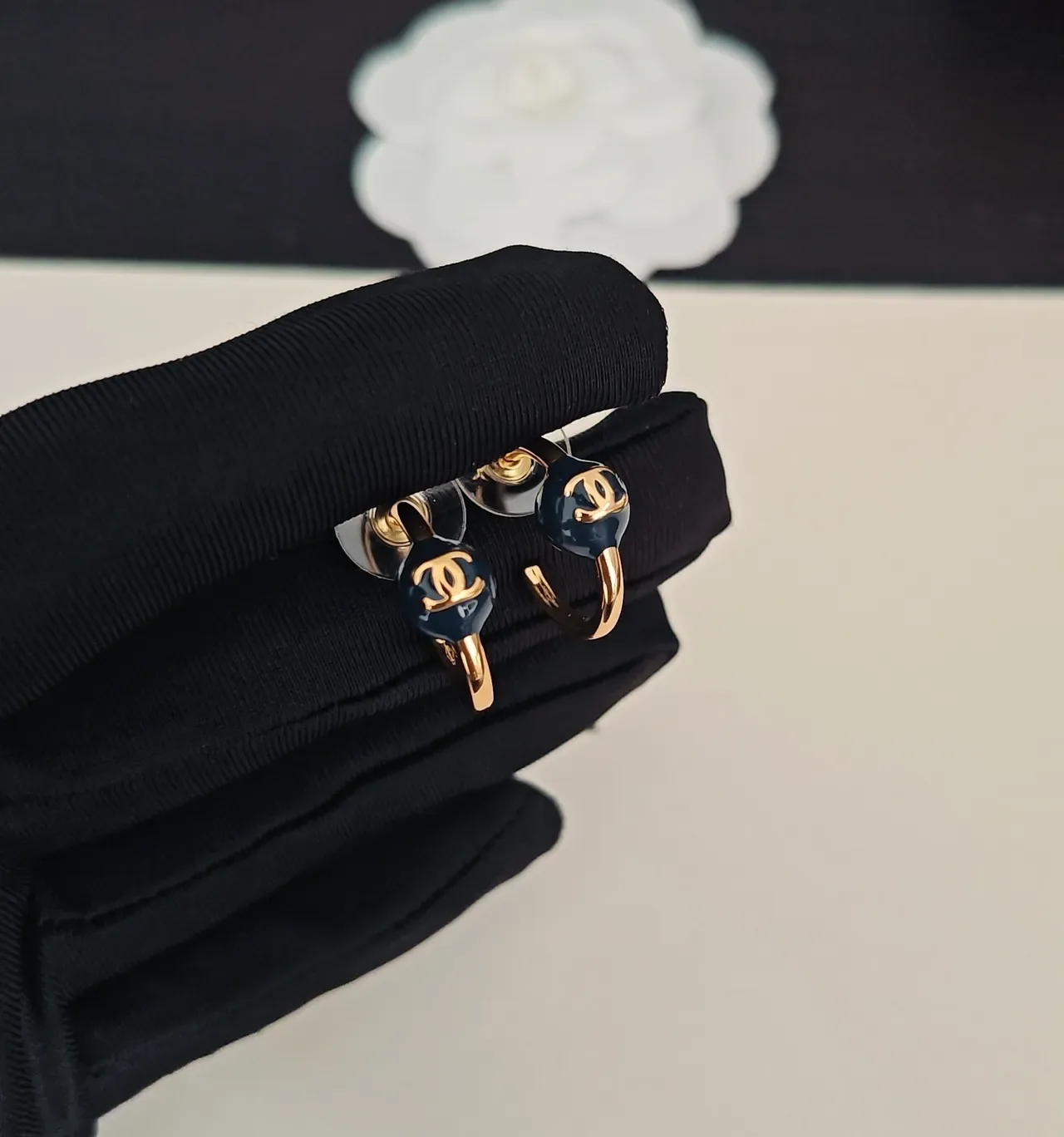 Chanel Gold-Tone C-Hoop Black Enamel Bead Earrings 5