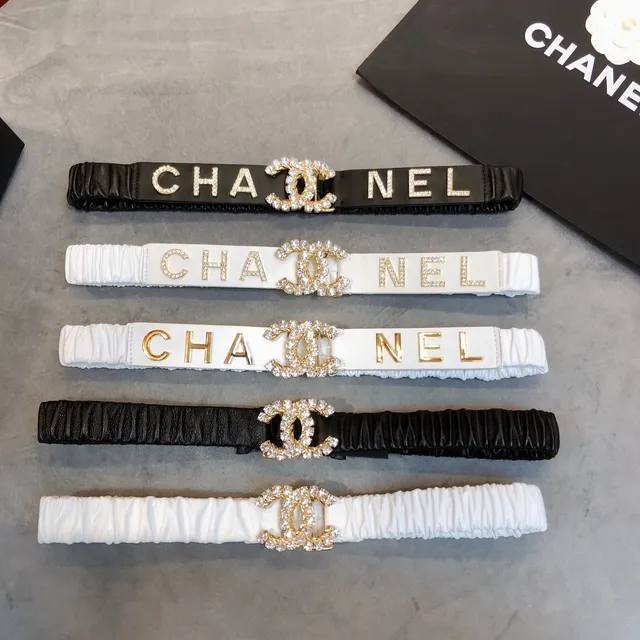 Chanel Interlocking CC Ceinture Noir Or Sangle Elastique Ruched Boucle ornée de cristaux Cuir 3