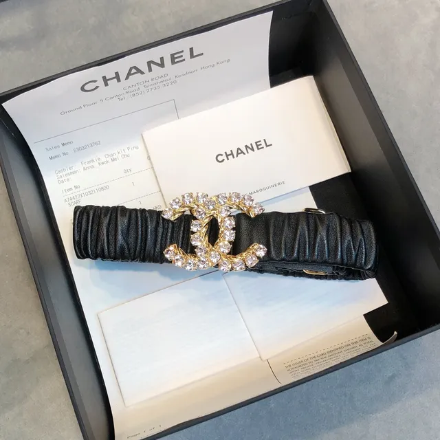 Chanel Interlocking CC Ceinture Noir Or Sangle Elastique Ruched Boucle ornée de cristaux Cuir 5