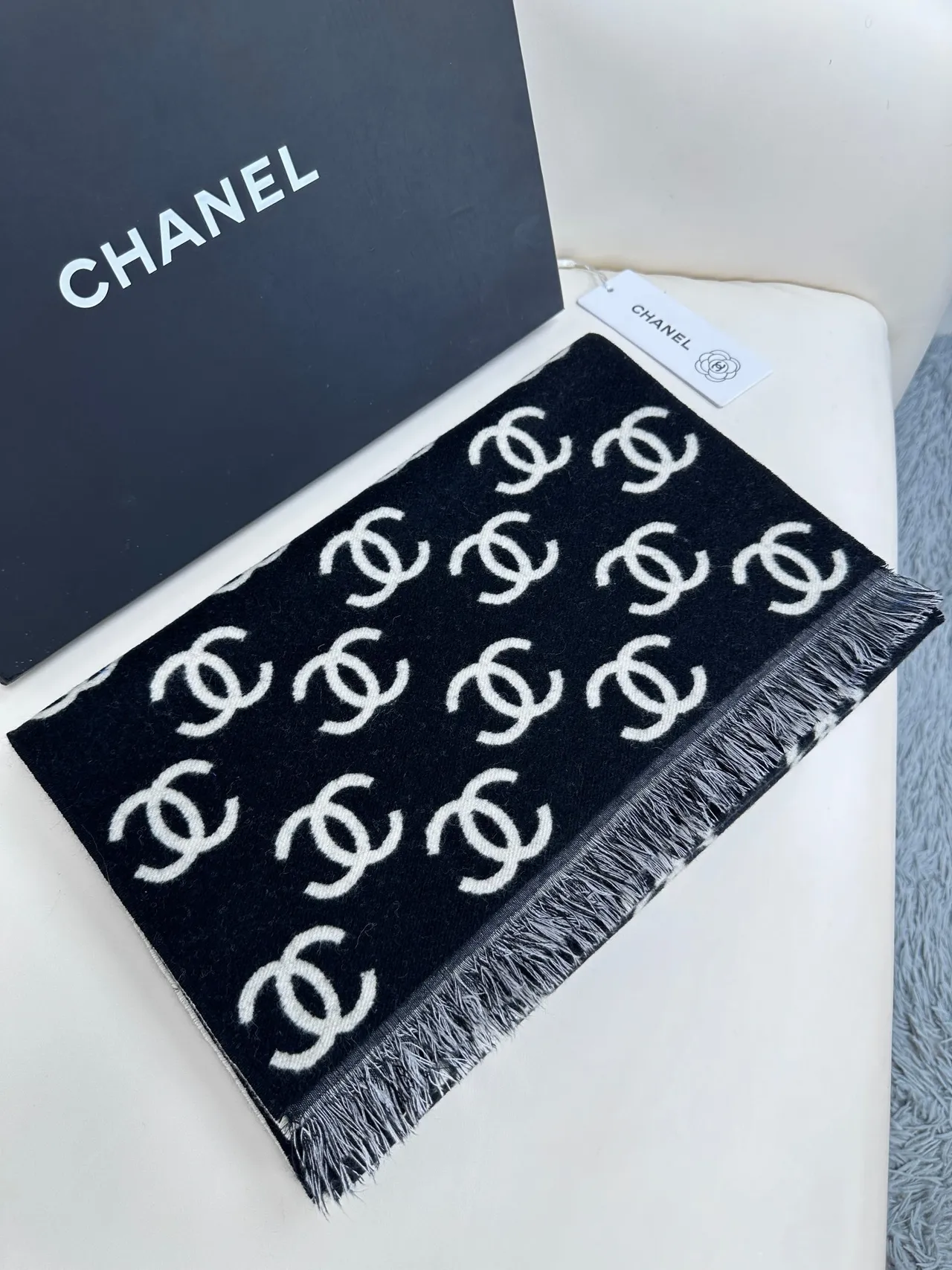 Chanel Écharpe en Cachemire à Imprimé Monogram avec Franges 6