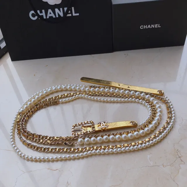 Chanel Pearl and Chain Belt Gold White Hardware Leather Belt 2