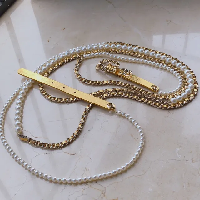 Chanel Pearl and Chain Belt Gold White Hardware Leather Belt 6