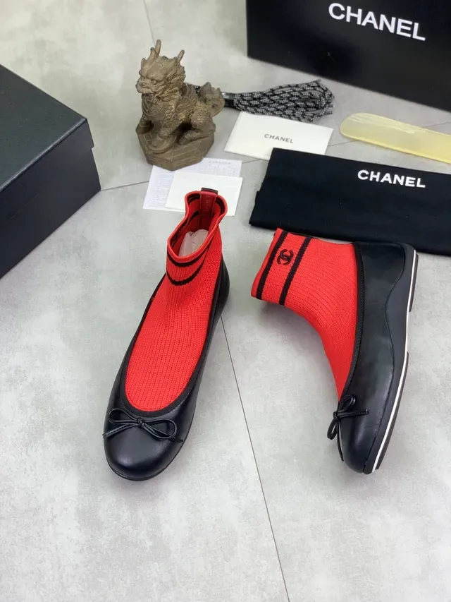 Chanel Ballerines Rouge Noir Chaussure Tricô Embout Cuir 6