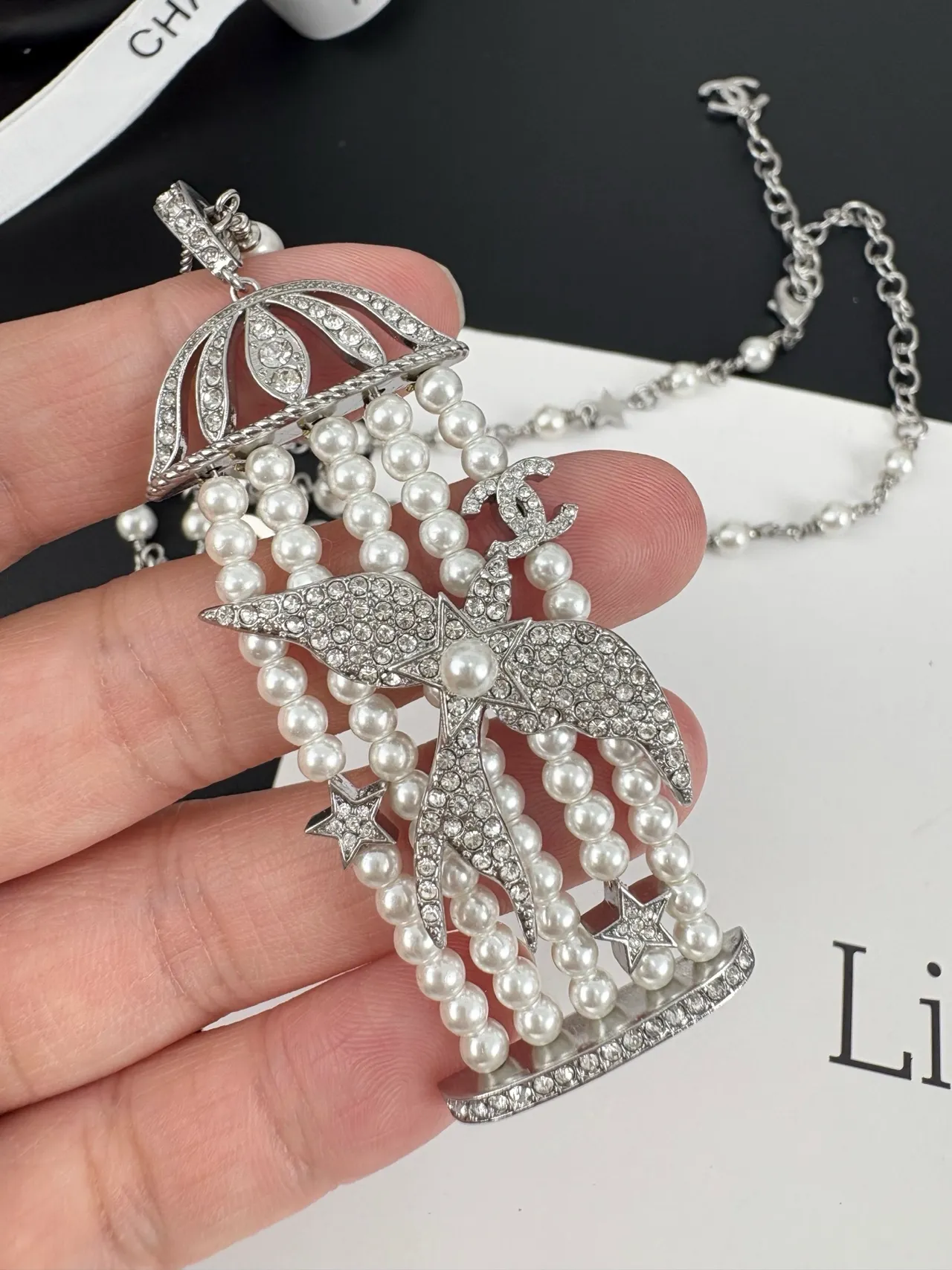 Chanel Silver White Chain Cultured Pearl Strands Necklace 3