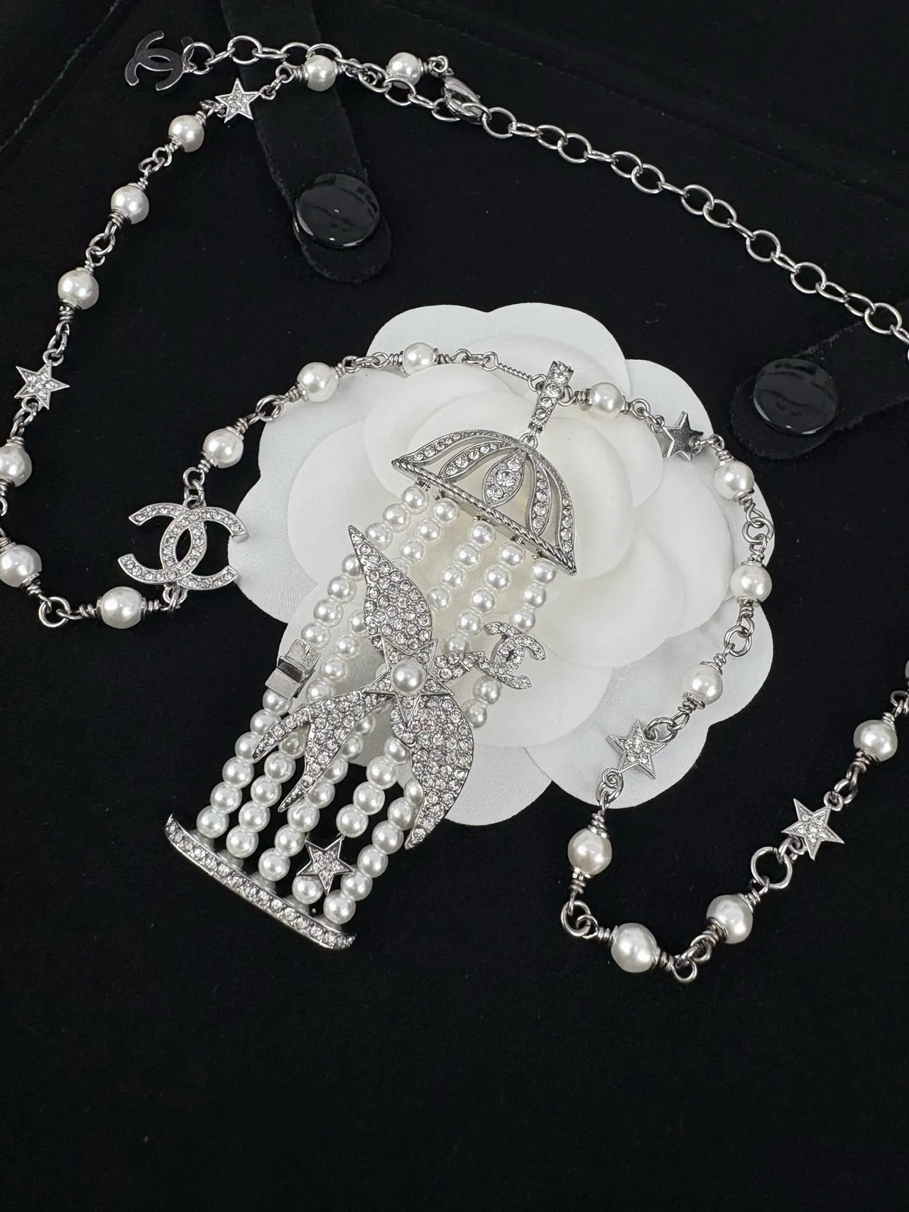 Chanel Silver White Chain Cultured Pearl Strands Necklace 7