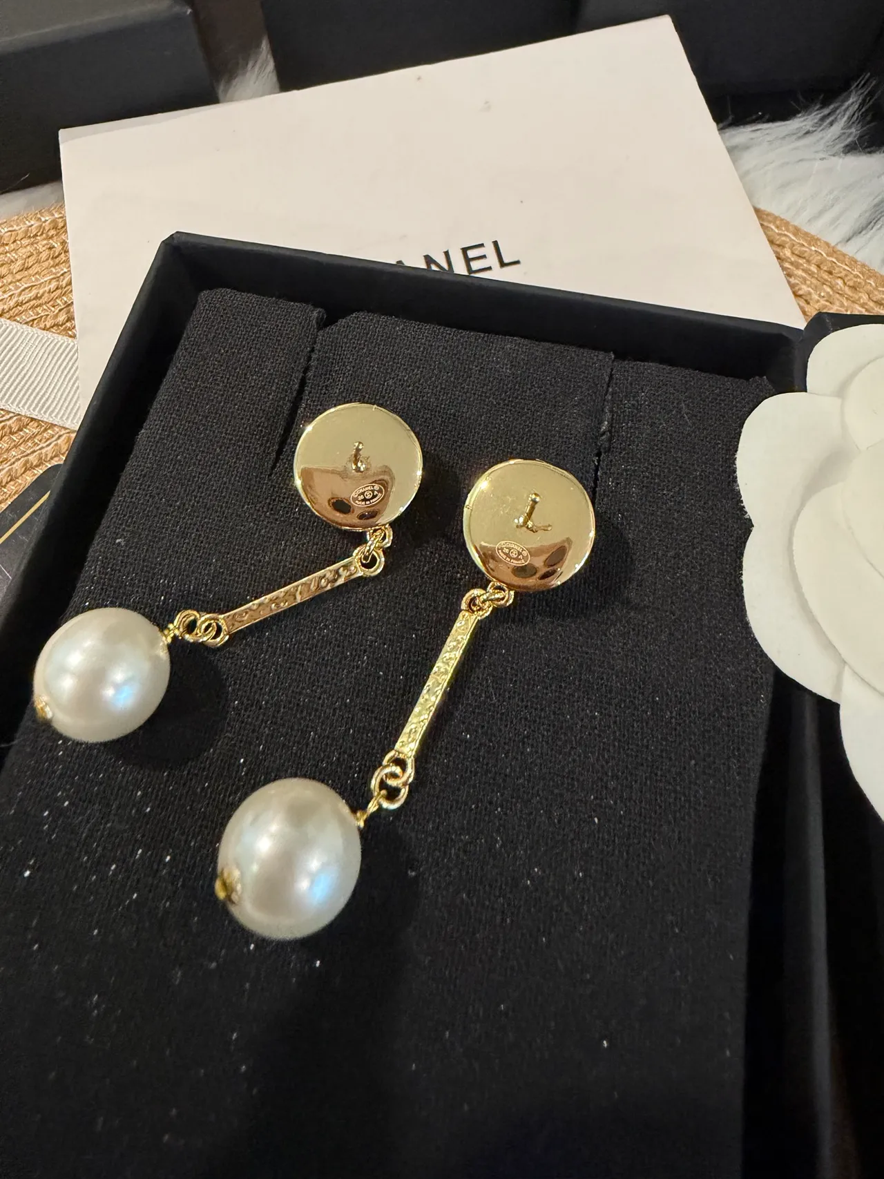 Brincos Chanel Ouro Branco Duplo Pérola Pingente Corrente Elos 3