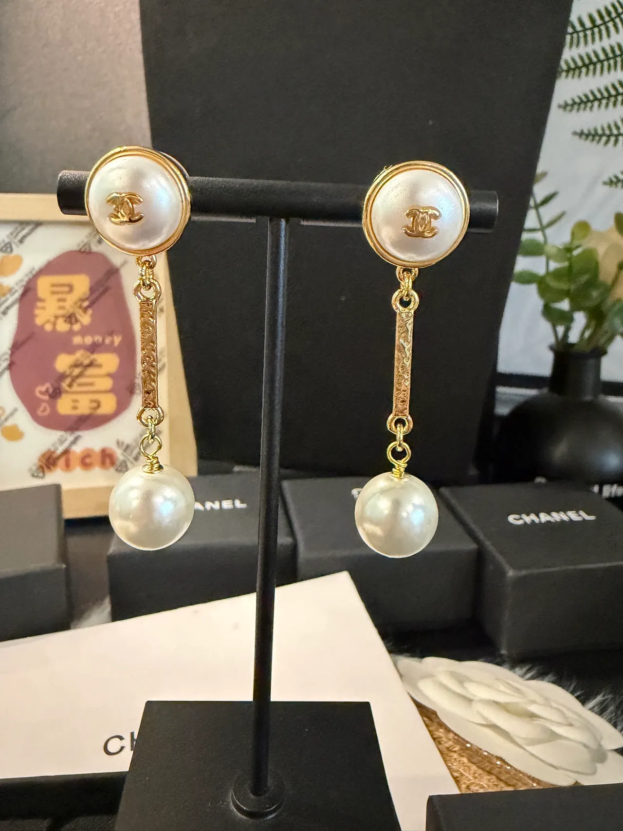 Brincos Chanel Ouro Branco Duplo Pérola Pingente Corrente Elos 5