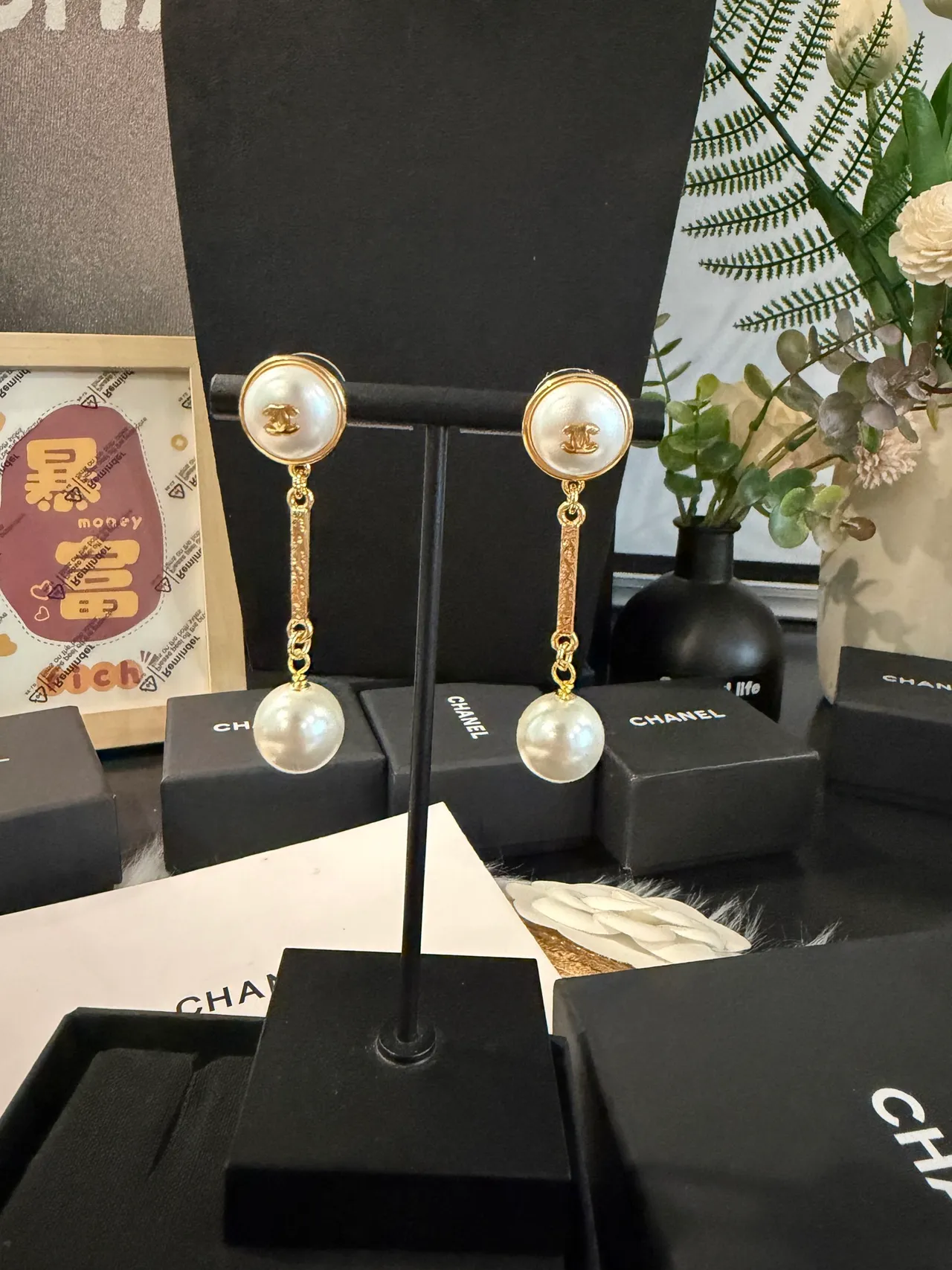 Brincos Chanel Ouro Branco Duplo Pérola Pingente Corrente Elos 8