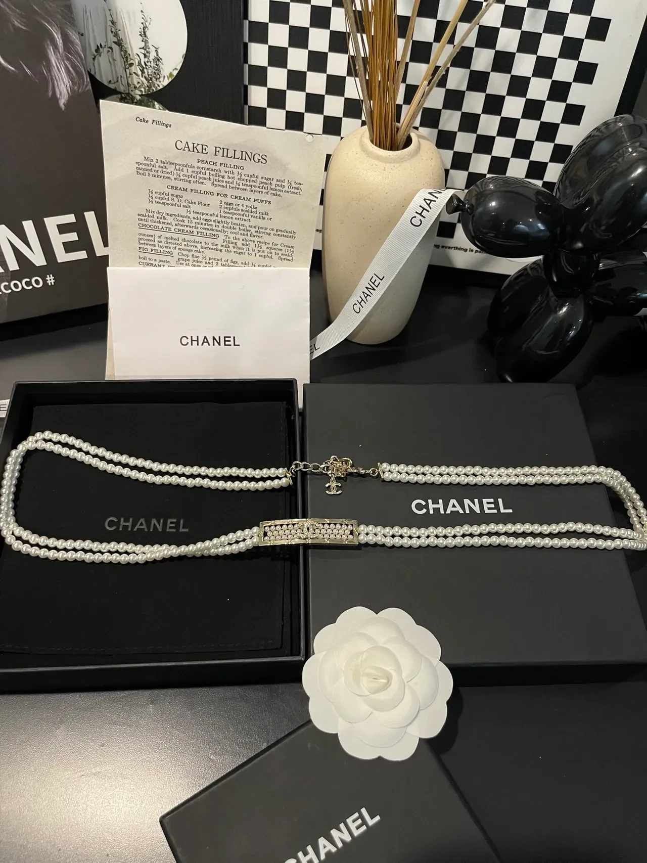 Chanel 白银双链珍珠 CC Logo 牌匾 项链 5