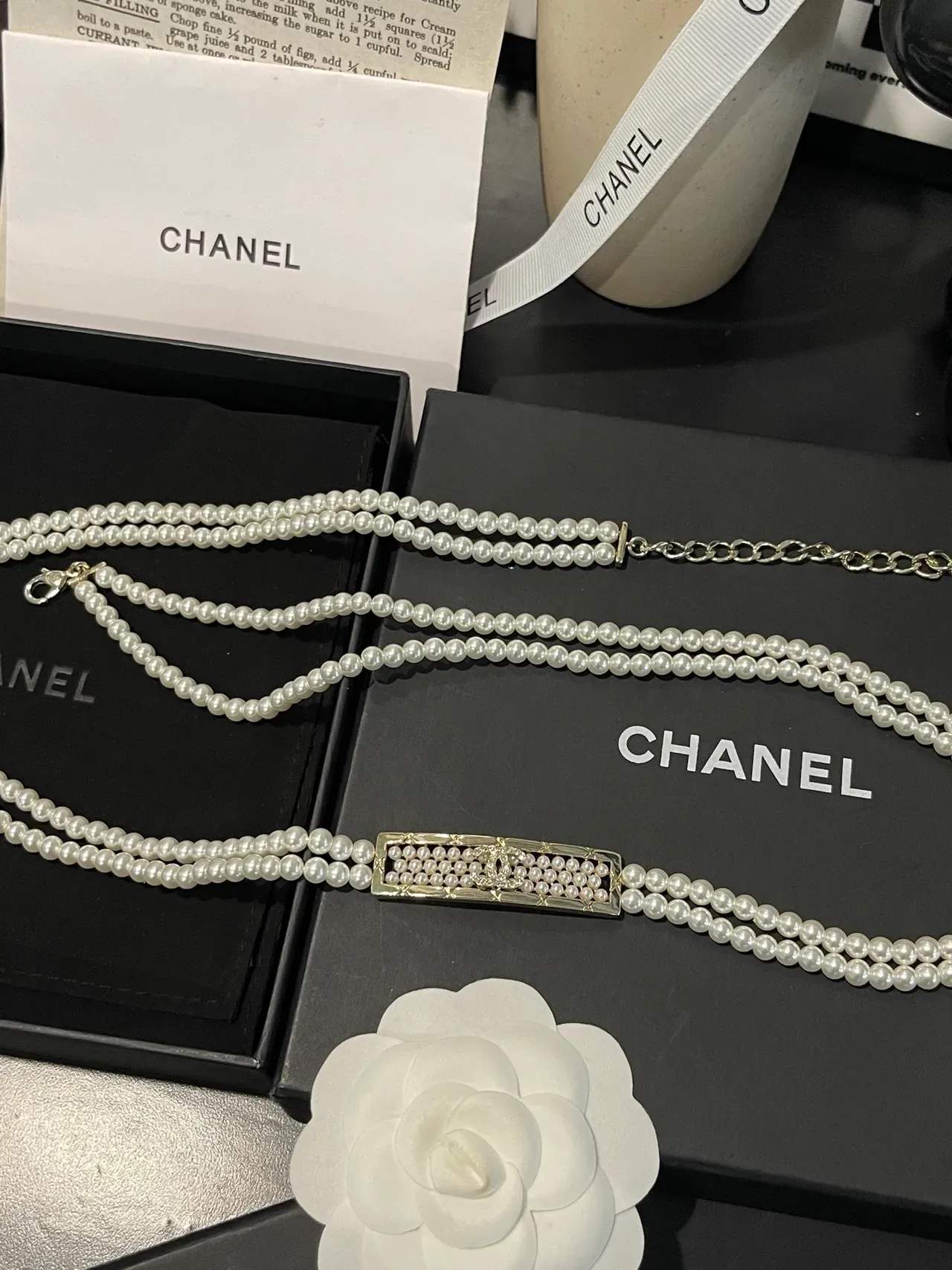 Chanel 白银双链珍珠 CC Logo 牌匾 项链 14