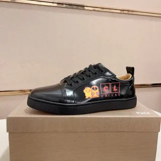 Christian Louboutin Black Orange Glossy Patent Leather Cap-Toe Construction Sneakers