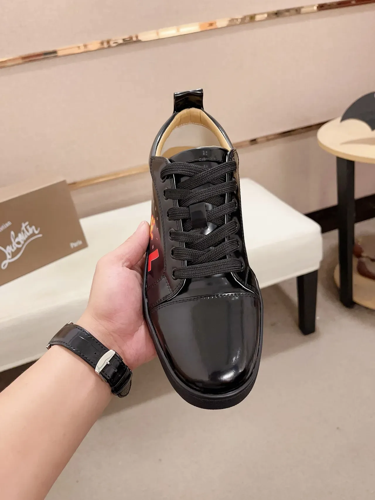 Christian Louboutin Black Orange Glossy Patent Leather Cap-Toe Construction Sneakers 5