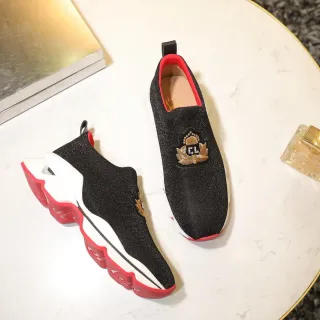 Christian Louboutin Noir Rouge Slip-On Maille Supérieure Brodée Crest Chunky Sneakers