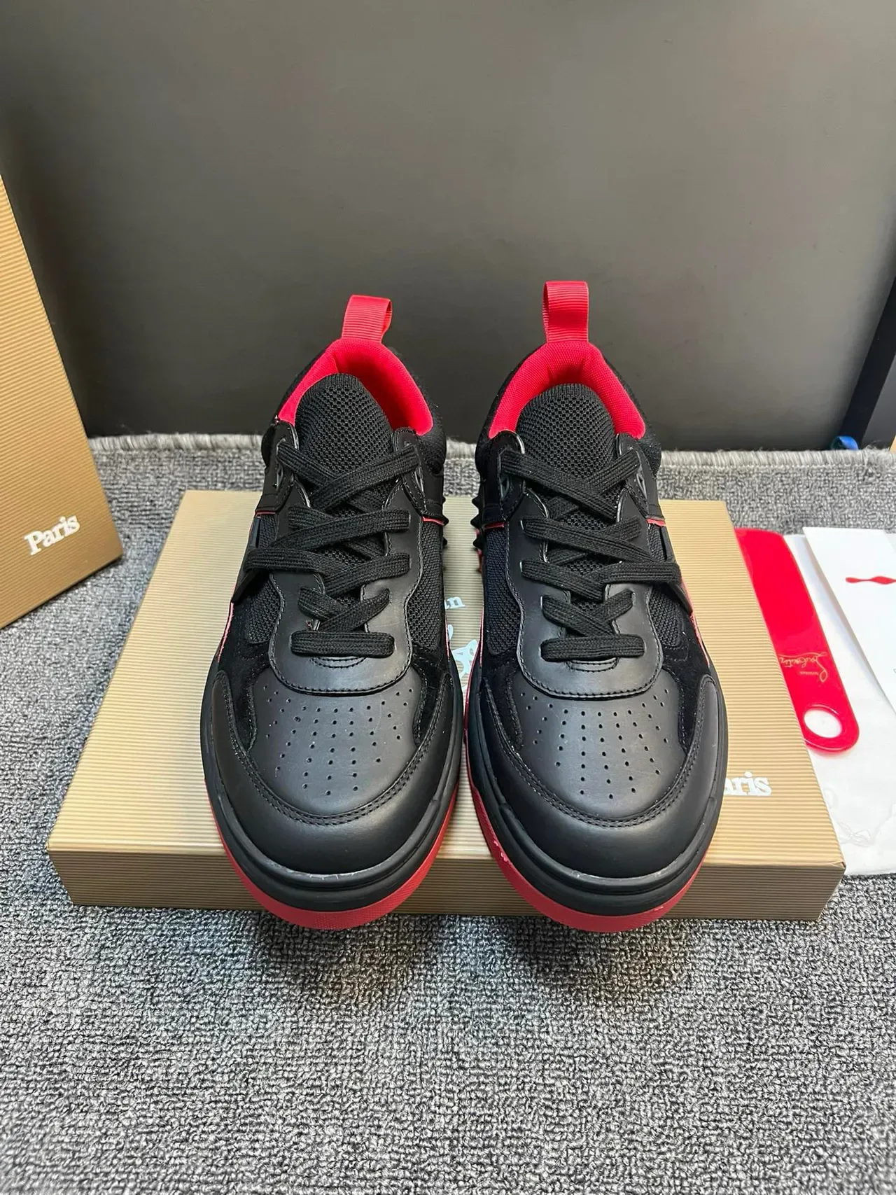 Christian Louboutin Black Red Spiked Heel Counter Layered Upper Lifestyle Sneakers 3