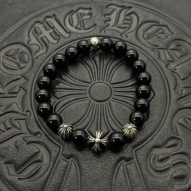 Chrome Hearts سوارة خرز أسود ذهبي عين التيجير والحجر 9