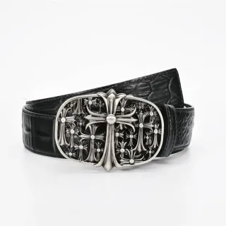 Chrome Hearts Cinto de Couro com Fivela de Metal ornamentada preta e prateada com relevo de crocodilo