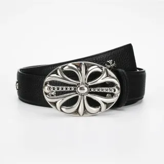 Chrome Hearts काली चांदी सज्जित बकल दाणेदार चमड़ी की बेल्ट