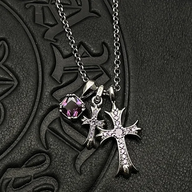 Chrome Hearts क्रॉस पेंडेंट नेकलेस सिल्वर व्हाइट गोथिक पेव-सेट नेकलेस 7