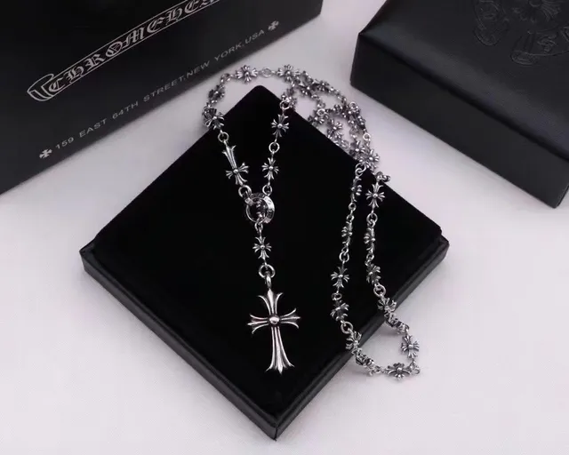 Chrome Hearts क्रॉस पेंडेंट ऑर्नेट फ्लोरल-लिंक सिल्वर नेकलेस 9