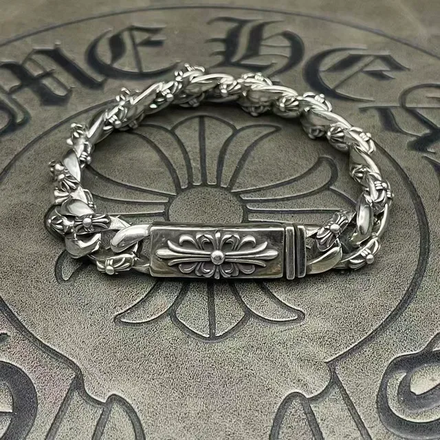 Chrome Hearts Pulseira Corrente Curb Prata Motivo Floral Cruz Pesada 5