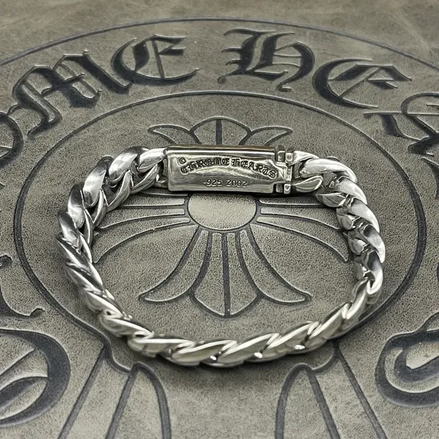 Chrome Hearts Pulseira Corrente Curb Prata Motivo Floral Cruz Pesada 8