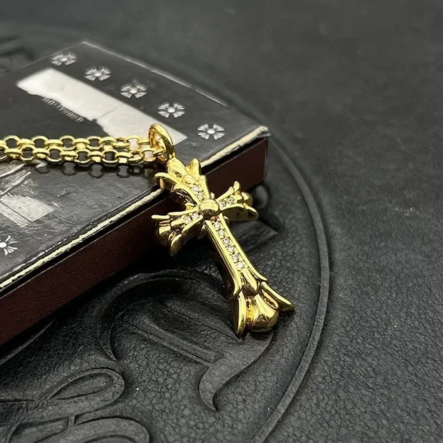 Chrome Hearts Gothic Cross Paved Stone Gold-Tone Necklace 5