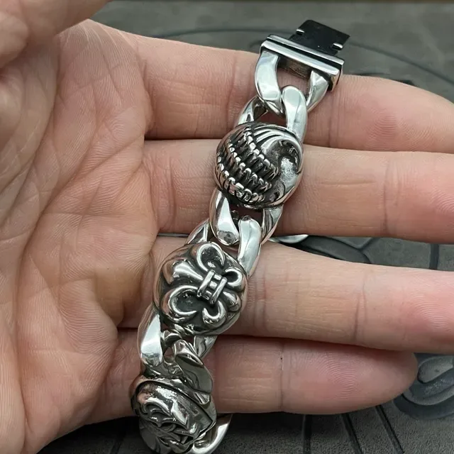 Chrome Hearts Pulsera Plata Cadena Curb Link Pesada Medallones Florales Ornamentados 6
