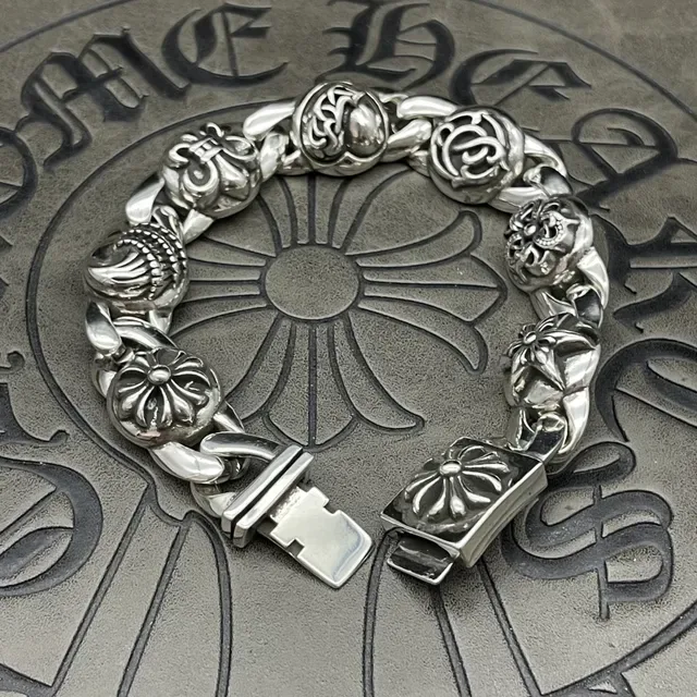 Chrome Hearts Pulsera Plata Cadena Curb Link Pesada Medallones Florales Ornamentados 8
