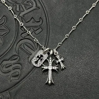 Chrome Hearts Silver White Multi-Charm Pendant Pavé-Set Stones Necklace