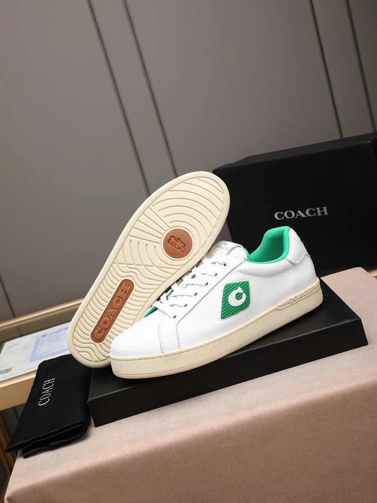 Coach White and Green C-Logo Leather Lifestyle Sneaker 5
