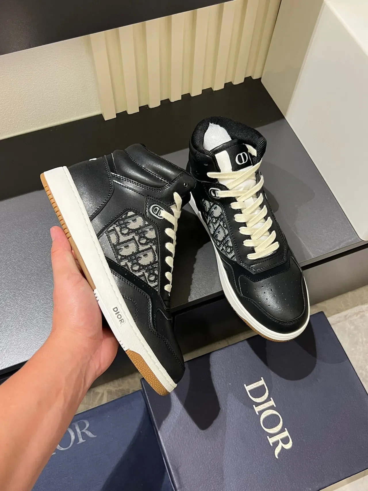 Dior B23 High-Top Leather and Oblique Monogram Lifestyle Sneakers 6